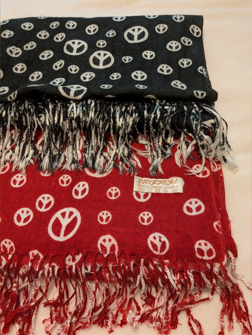 Pashmina Peace Symbol Scarf Or Wrap  X2  - Red & Black With White Symbols. 72x28